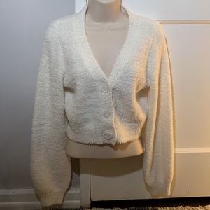 Cotton Candy LA White Cardigan Fuzzy Furry Soft Button Up Sweater Cozy Cute